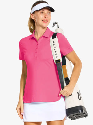 Front half-body of model in ROSE Women's Performance Solid Polo holding golf club
