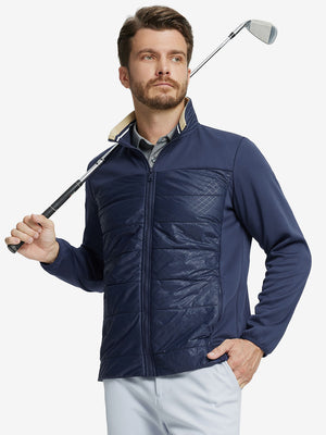 Model holding golf club, dressed in Golf Fleece Thermal Winter Jacket in Navy, sporty design.