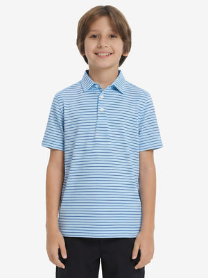 Front upper body of model wearing youth performance golf polos, clean fit and sporty blue/cobalt stripe look