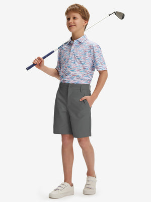 Full front: model in dark grey boys lightweight dry fit flat front golf shorts holding golf club.