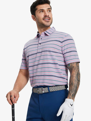 Half-body front view of model holding golf club wearing PINK BLUE STRIPE Performance Yarn Dye Striped Polo