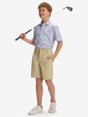 Full front: model in khaki boys lightweight dry fit flat front golf shorts holding golf club.