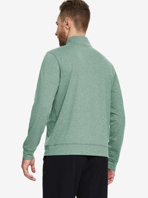 Back upper-body view of quarter zip melange pullover on model, shown in dark green melange.
