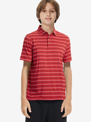 Front upper body of model wearing trendy boys stripe polo shirts, casual fit in dark grey stripe
