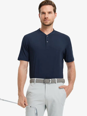 Front half-body view holding a golf club in Everyday Collarless Jersey Shirt in NAVY.