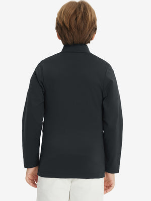 Model in kids soft lightweight fleece lined jacket in black, showing back half-body view.
