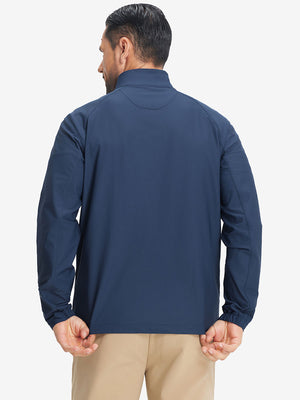 Back view of lightweight water-resistant outerwear jacket on model, showing blue indigo design