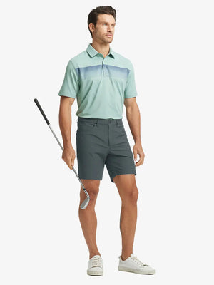 DARK GREY 4-way Stretch Performance Solid Shorts, golfer full-body front with club, 7 Inch length