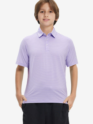 Front upper view of Kids stripe golf polos showing crisp stripes in lavender white stripe