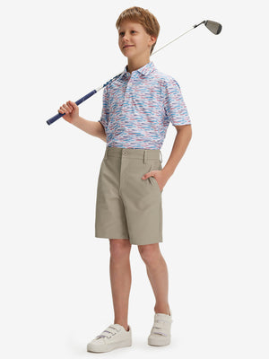 Full front: model in khaki grey boys lightweight dry fit flat front golf shorts holding golf club.