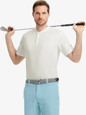 Front half-body view holding a golf club in Everyday Collarless Jersey Shirt in CREAM.