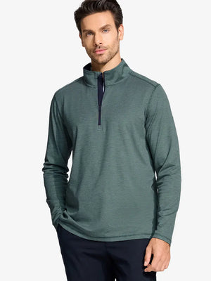 Half-body front view of model wearing Pinstripe Quarter Zip Pullover – DARK GREEN MELANGE