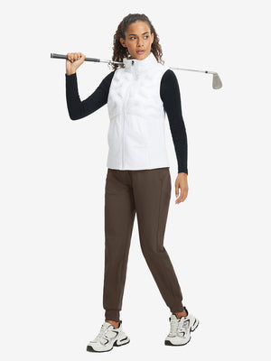 Full-body front view of model wearing women's stretch fleece lined water resistant joggers in coffee brown.