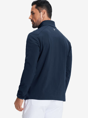 Back upper body view of Fleece lined golf quarter zip with smooth navy/blue finish