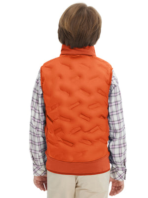 Back view of boys full-zip fleece-lined puffer vest showing smooth fleece texture in orange