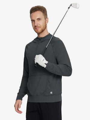 Male model holding a golf club, wearing the Quarter Zip Hoodie with Kangaroo Pocket in Dark Grey Heather.