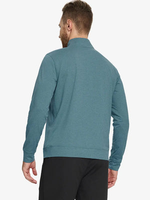 Back half-body view of model in AQUA HEATHER Quarter Zip Melange Pullover highlighting smooth fit.
