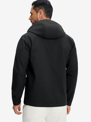 Back upper-body view of reflective hooded softshell jacket on model, shown in black.