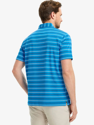 Back half-body view of model wearing CLASSIC BLUE STRIPE Stylish Performance Golf Polo
