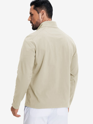 Back upper body view of Fleece lined golf quarter zip with smooth taupe finish