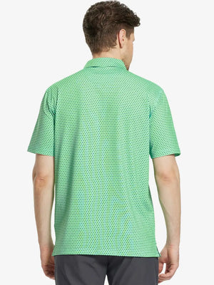 Back view of MAELREG Men's Performance Jersey Print Polo in Green Navy Dot – athletic fit