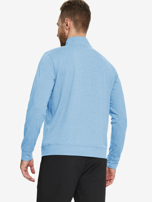 Back upper-body view of quarter zip melange pullover on model, shown in light blue melange.