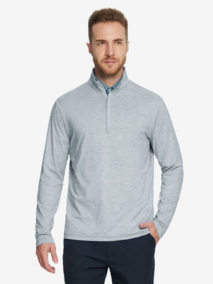 Men wearing Heather Pinstripe Brushed Dry Fit Quarter Zip Pullover in lunar rock melange, front half body fit view