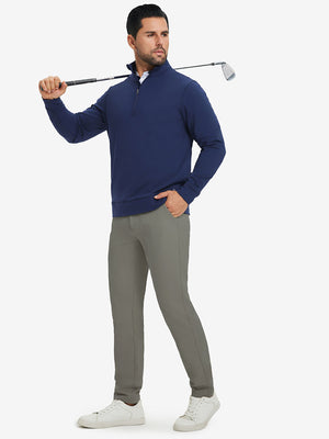Model carrying a golf club on shoulder, wearing dark khaki lightweight moisture wicking dress pants.