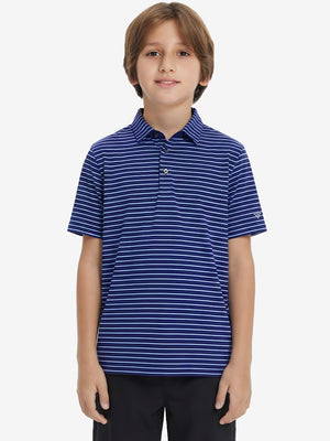 Front upper body of model wearing youth performance golf polos, clean fit and sporty navy/sky blue stripe look