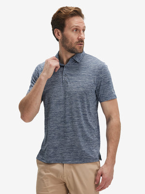 Front waist-up shot of model wearing misty blue white grid ultra-light quick dry moisture wicking collared polo shirt
