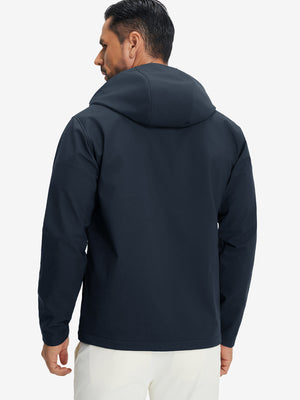 Back upper-body view of reflective hooded softshell jacket on model, shown in navy.