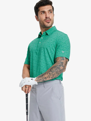 Half-body front view of model holding golf club wearing GREEN WHISKEY GLASS Popular Heather Print Polo