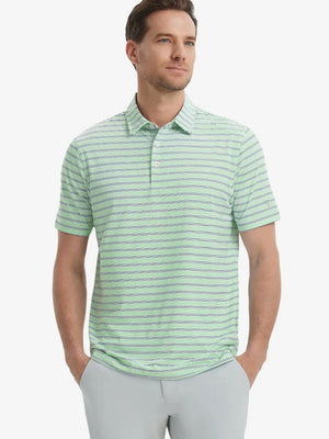 Model wearing Fruit Green Navy Stripe Performance Stripe Golf Shirt – front half-body pose