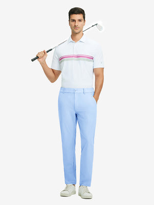 Full-body shot of model holding golf club, styled with quick dry casual dress pants in light blue.