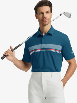 Half-body front view of model holding golf club wearing BLUE Stylish Chest Print Snap Polo