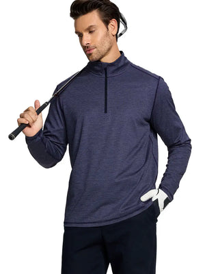 Half-body front view of model holding golf club in Pinstripe Quarter Zip Pullover – NAVY MELANGE