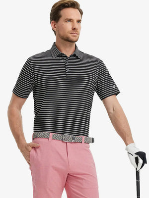 Model holding golf club in BLACK/WHITE STRIPE Polo — bold, clean look