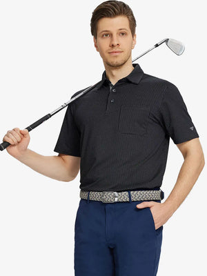 Model holding golf club, front half-body in BLACK Elegant Performance Jacquard Polo