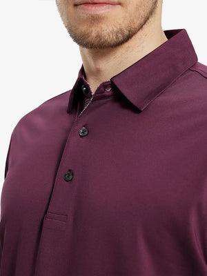 Male model wearing the Bordeaux Red Everyday Classic Solid Polo, front view from nose to chest