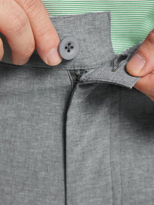 LIGHT GREY 7 Inch Heather Performance Golf Shorts close-up of waistband and button detail