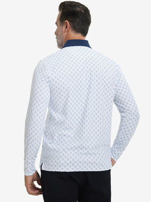 Back upper body view of the lightweight print polo in white nav clue, model turns slightly with relaxed pose.