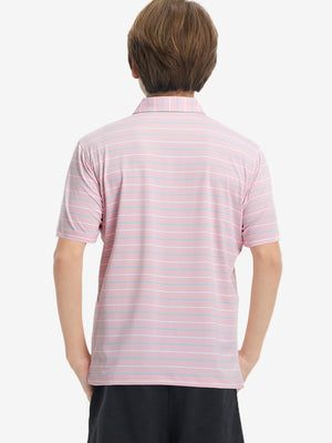 Back upper body view of kids stylish stripe polo shirts, showing pattern and light pink stripe tone