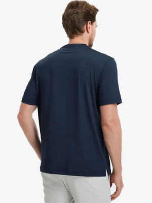 Back half-body view wearing Everyday Collarless Jersey Shirt in NAVY.