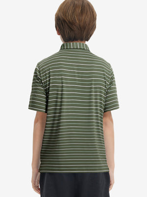 Back upper body of model in trendy boys stripe polo shirts, showing silhouette and olive green stripe tone