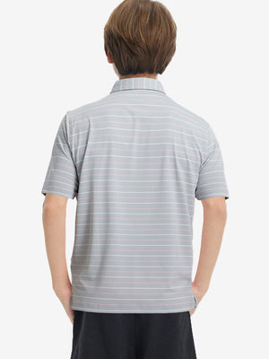Back upper body view of kids stylish stripe polo shirts, showing pattern and light grey stripe tone