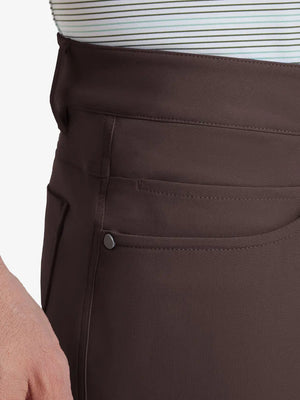 Close-up of right front pocket on Stretch Plain Everyday Pants, detailed stitching – DARK BROWN