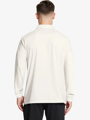 Back half-body view of model wearing CREAM Long Sleeve Solid Jersey Polo