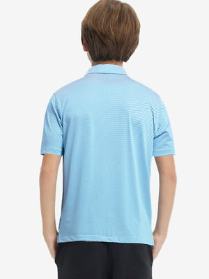 Back upper body of Kids stripe golf polos with clean lines and sky blue stripe tone