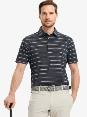 Model in DARK GREY STRIPE Golf Polo holding club — dynamic front half-body pose