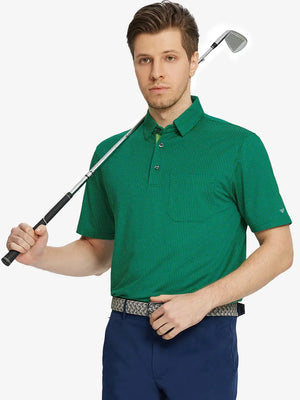 Model holding golf club, front half-body in GREEN Elegant Performance Jacquard Polo